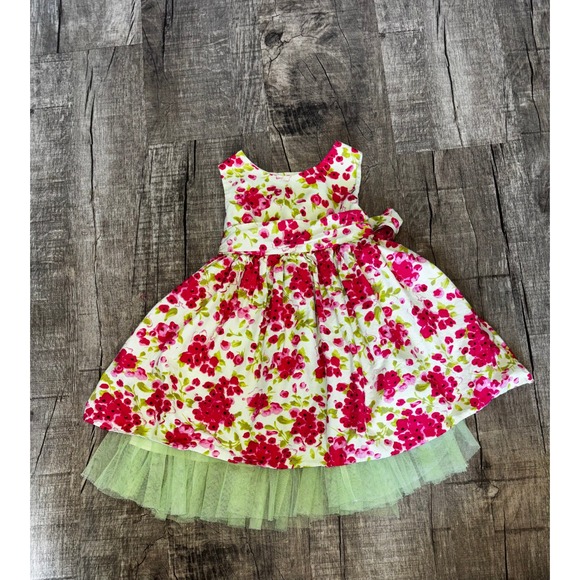 Other - Floral Sleeveless Party Dress with Green Tulle Hem Pink‎ Red White Kids Size 4T